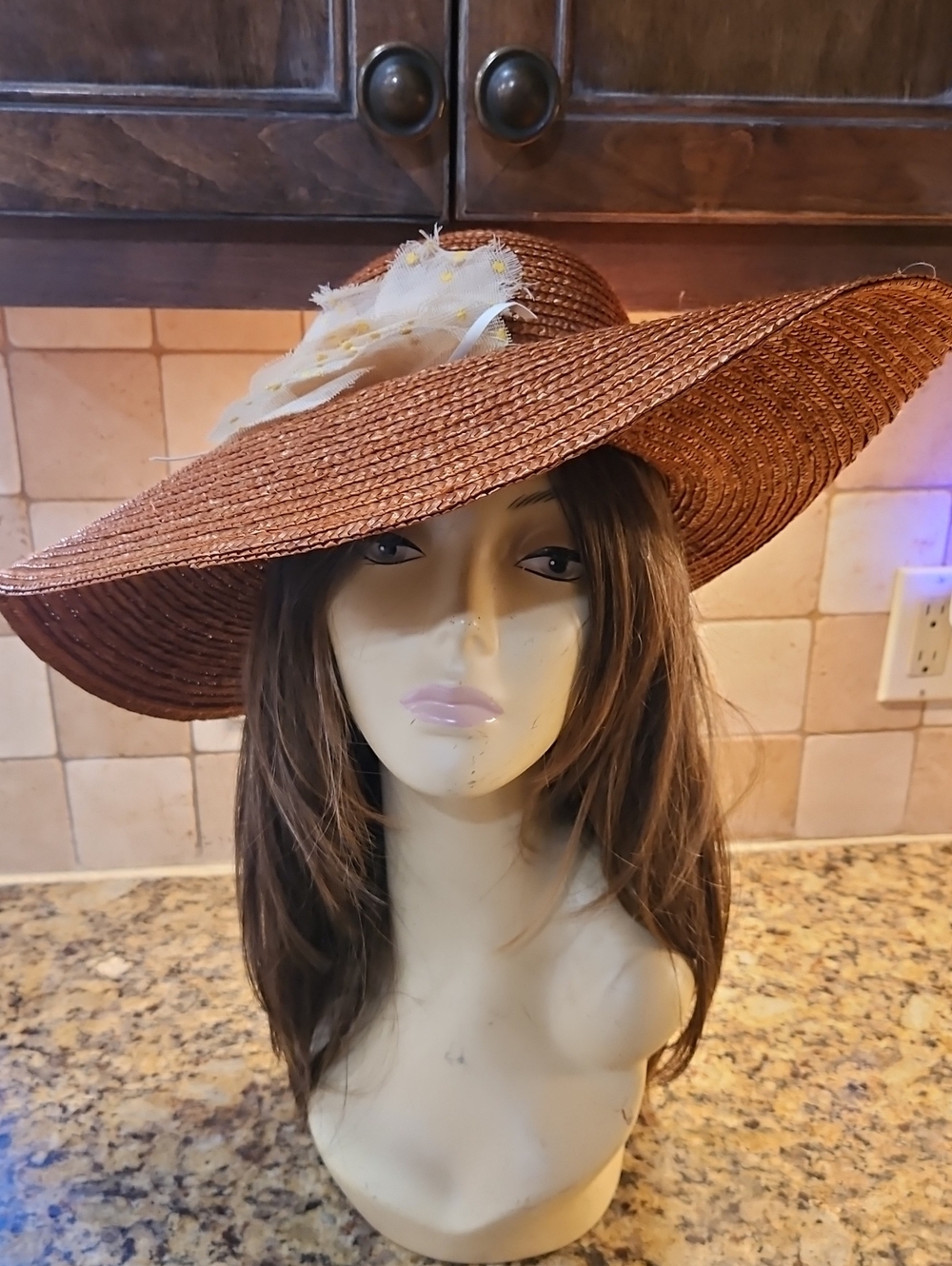 Badgley Mischka Rust 100% Straw Wide-Brim Hat with Cream Flower Polka Dots